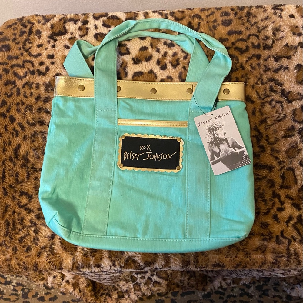 NWT Vintage Betsey Johnson Tote Purse in mint green with leopard lining.
